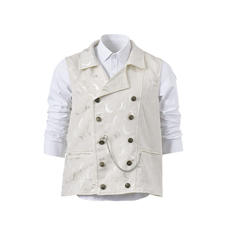 Men's Double-Breasted Floral Jacquard Suit Vest With Chain Detail - White - 2XL - image 14
