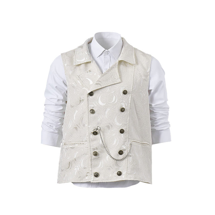 Men's Double-Breasted Floral Jacquard Suit Vest With Chain Detail - White - 2XL - image 14