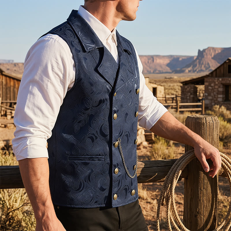 Men's Double-Breasted Floral Jacquard Suit Vest With Chain Detail - Navy - 2XL - image 6