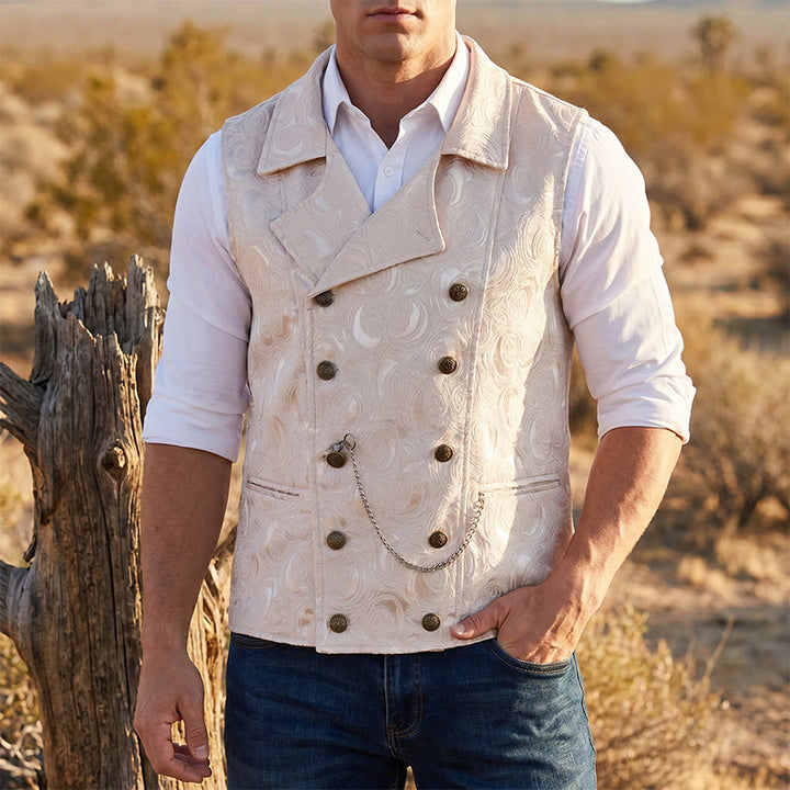 Men's Double-Breasted Floral Jacquard Suit Vest With Chain Detail - Champagne - 2XL - image 1