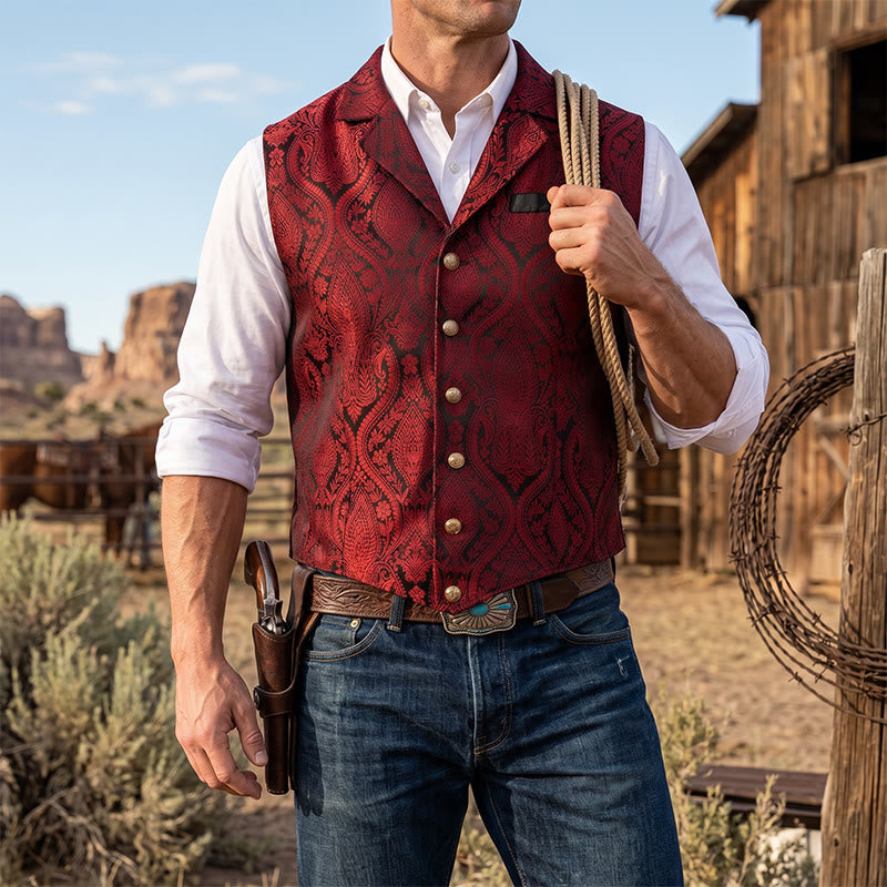 Men's Victorian-Inspired Paisley Jacquard Notch Lapel Suit Vest - Dark Red - 2XL - image 8