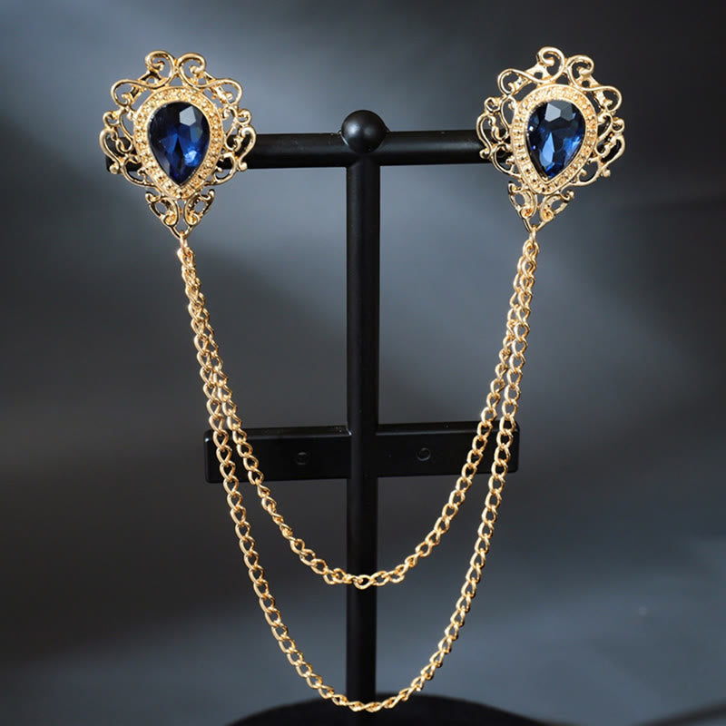 Royal Baroque Double Teardrop Collar Chain Brooch - Blue & Gold - image 0