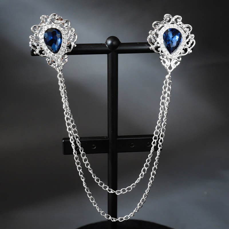 Royal Baroque Double Teardrop Collar Chain Brooch - Blue & Silver - image 1