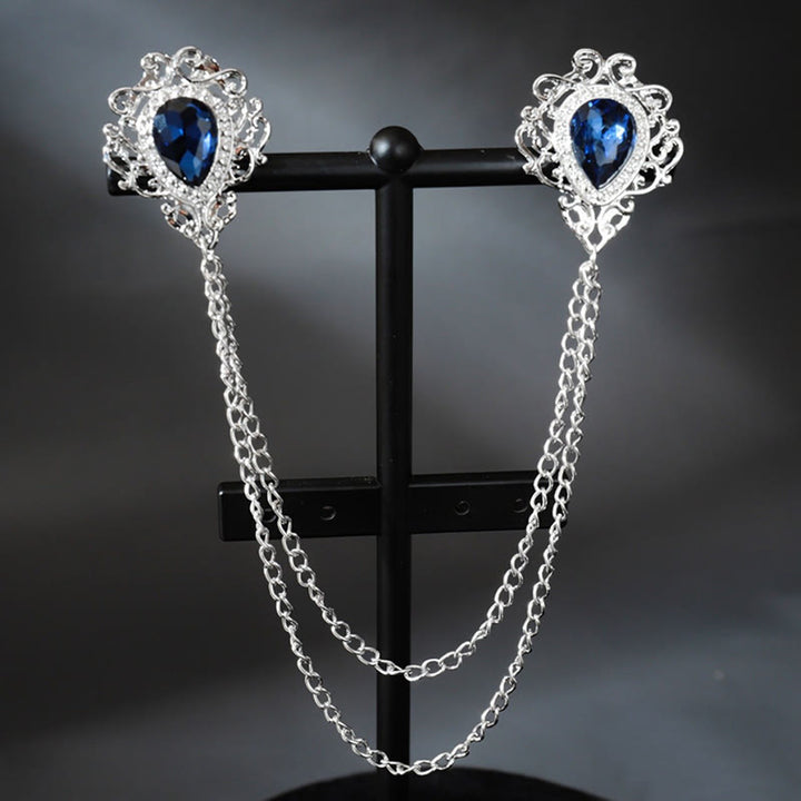 Royal Baroque Double Teardrop Collar Chain Brooch - Blue & Silver - image 1