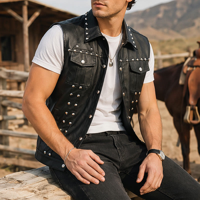 Punk Rock Biker Studded Faux Leather Sleeveless Vest - Black - 2XL - image 0