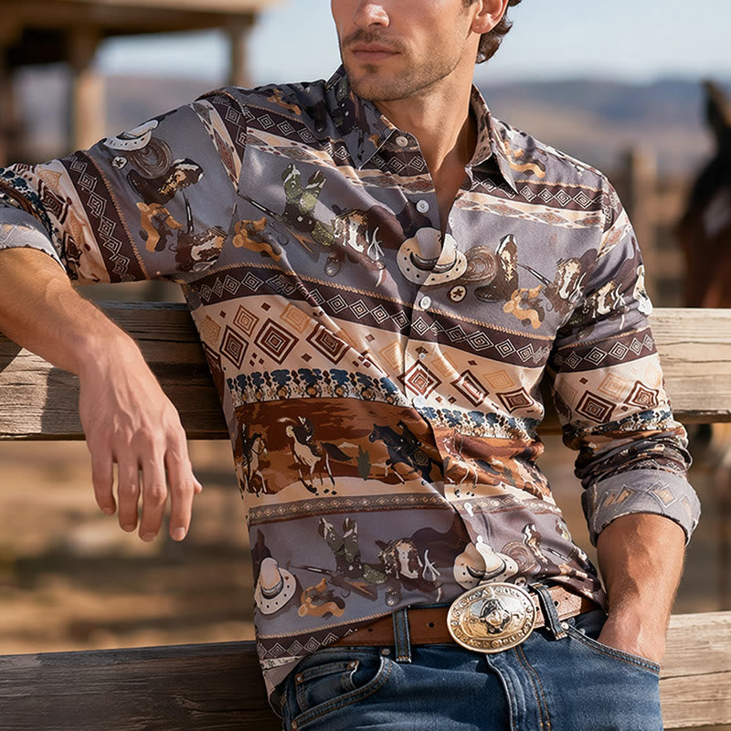 Men's Western Desert Rider & Tribal Pattern Shirt - Gray - 6XL - image 0