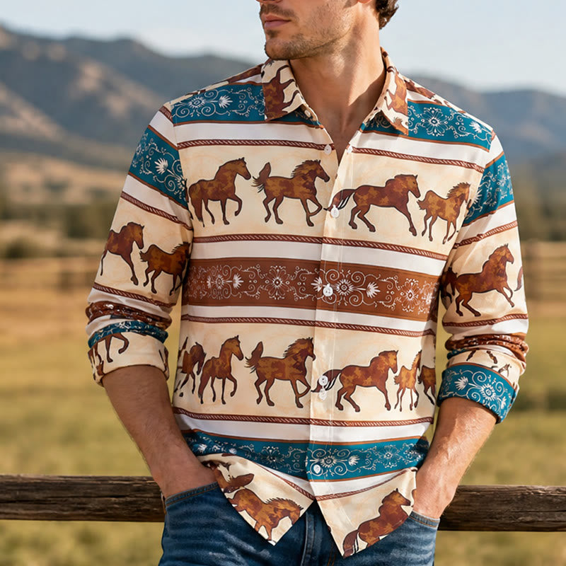 Men's Retro Western Horse & Ornate Border Print Shirt - Brown & Teal - 6XL - image 0