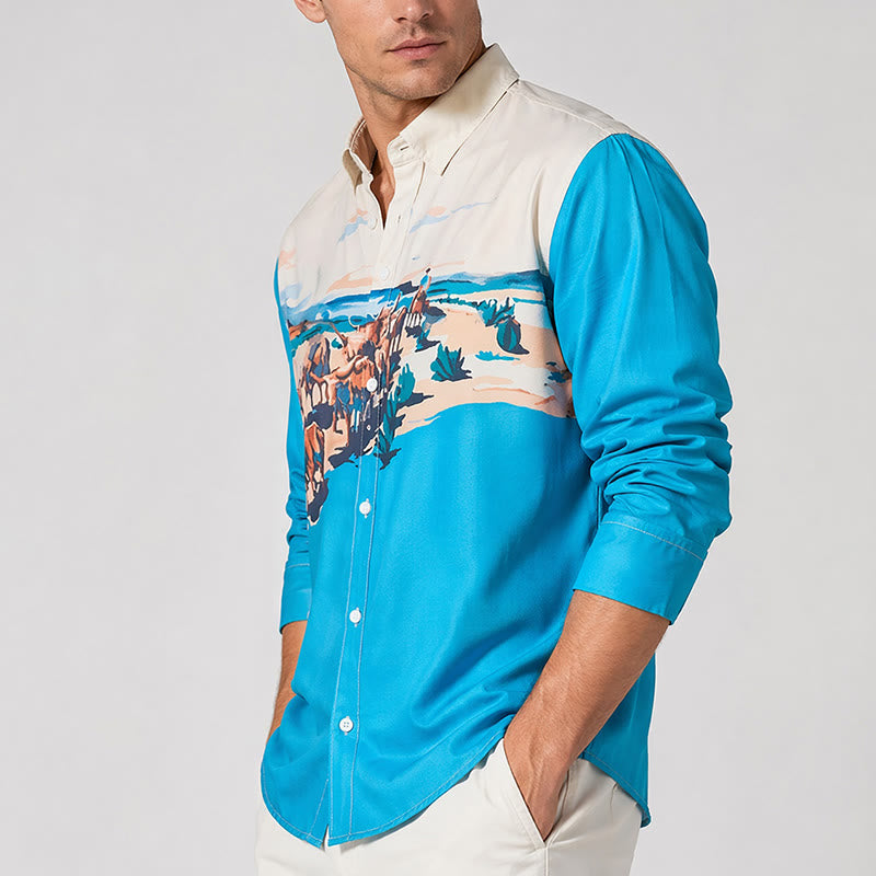 Men's Teal & Cream Western Cattle Drive Landscape Print Shirt - image 3