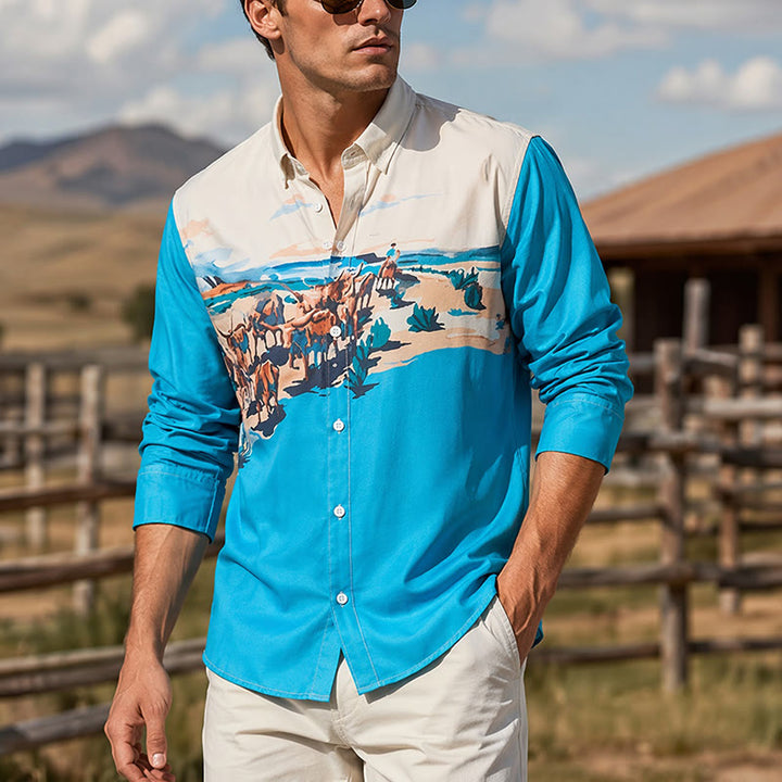 Men's Teal & Cream Western Cattle Drive Landscape Print Shirt - Teal & Cream - 5XL - image 0