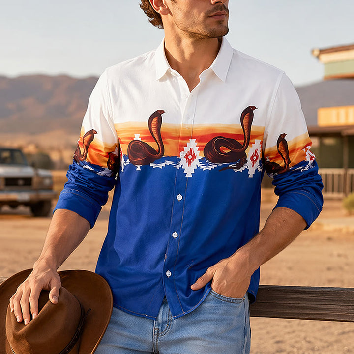 Men's Blue & White Sunset & Aztec Snake Print Shirt - Blue & White - 5XL - image 0