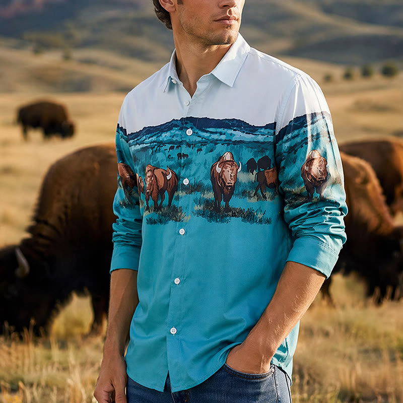 Men's Western Prairie Buffalo Scenic Print Shirt - Teal & Light Blue - 5XL - image 0