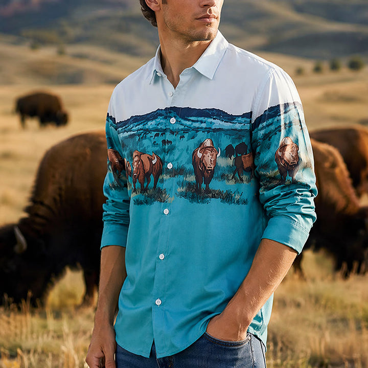 Men's Western Prairie Buffalo Scenic Print Shirt - Teal & Light Blue - 5XL - image 0