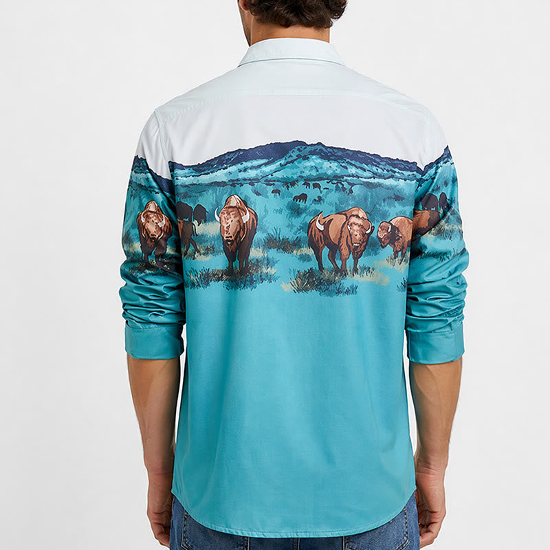 Men's Western Prairie Buffalo Scenic Print Shirt - image 2