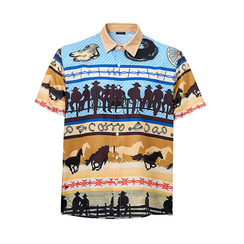 Men's Tan & Blue Cowboy Silhouette & Horse Herd Print Shirt - image 8