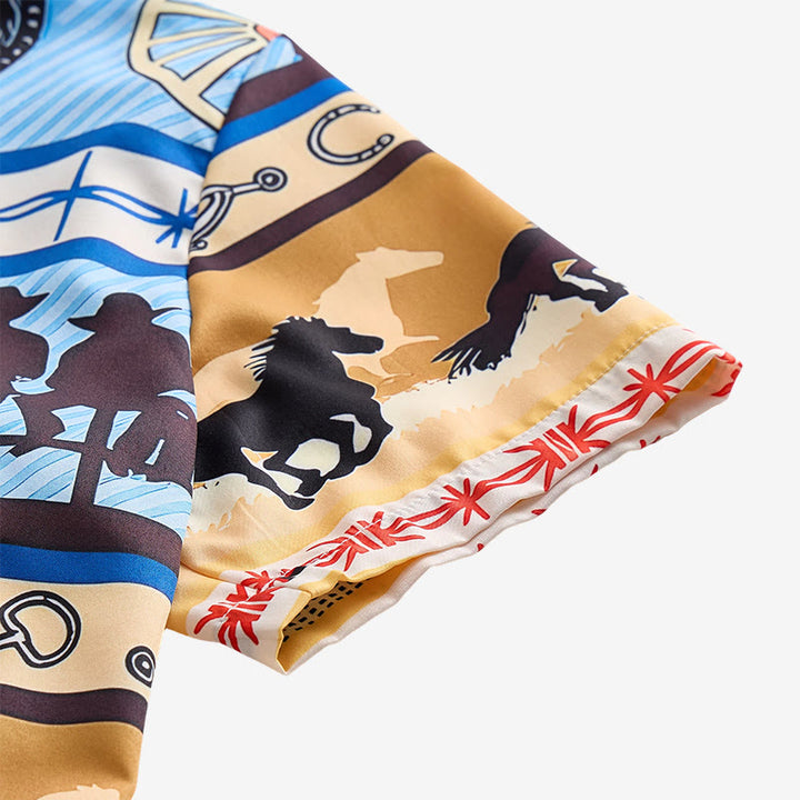 Men's Tan & Blue Cowboy Silhouette & Horse Herd Print Shirt - image 6