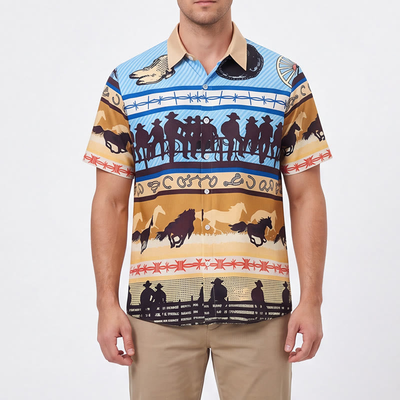 Men's Tan & Blue Cowboy Silhouette & Horse Herd Print Shirt - image 1