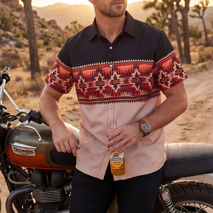 Men's Black & Beige Western Aztec Star Motif Split-Color Shirt - Black & Beige - 6XL - image 0