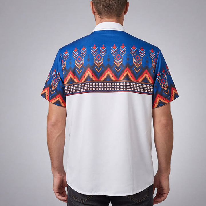 Men's Blue & White Tribal Aztec Geometric Border Print Shirt - image 3