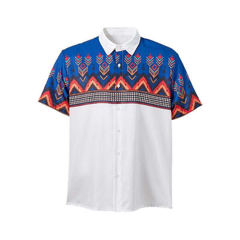 Men's Blue & White Tribal Aztec Geometric Border Print Shirt - image 8