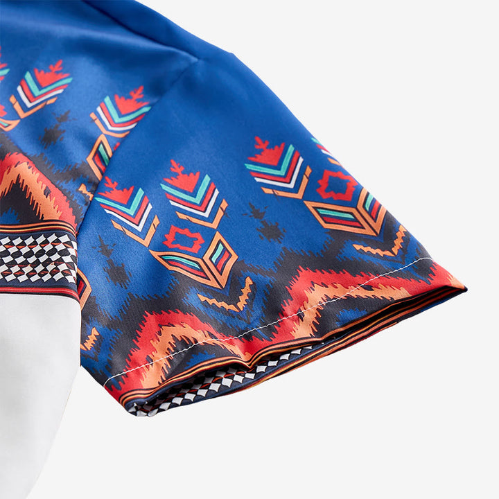 Men's Blue & White Tribal Aztec Geometric Border Print Shirt - image 7