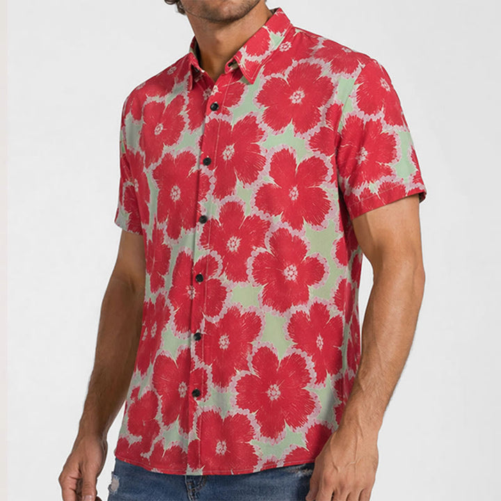 Vibrant Red Flower & Green Base Pattern Vacation Shirt - image 3