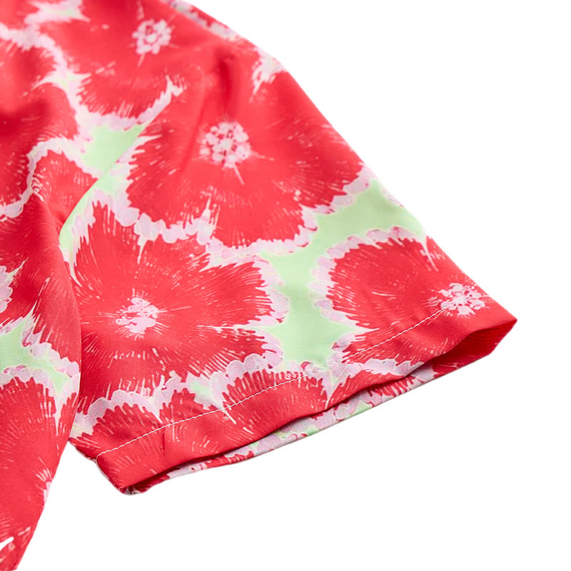 Vibrant Red Flower & Green Base Pattern Vacation Shirt - image 7