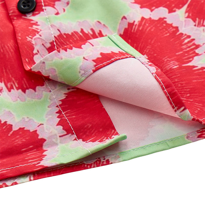Vibrant Red Flower & Green Base Pattern Vacation Shirt - image 6