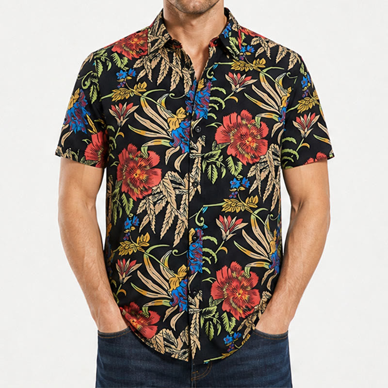 Tropical Retro Exotic Botanical Print Black Base Shirt - image 1