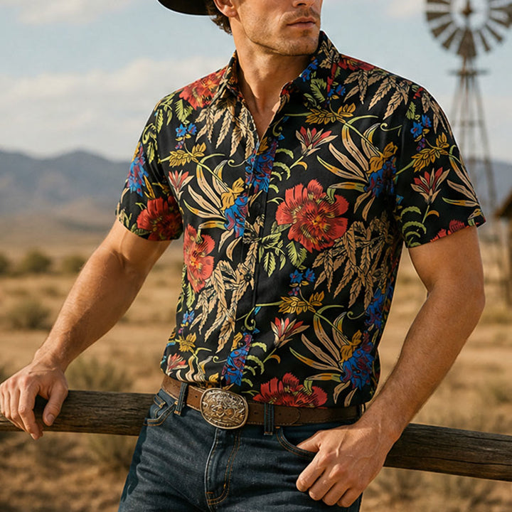 Tropical Retro Exotic Botanical Print Black Base Shirt - Black - 3XL - image 0