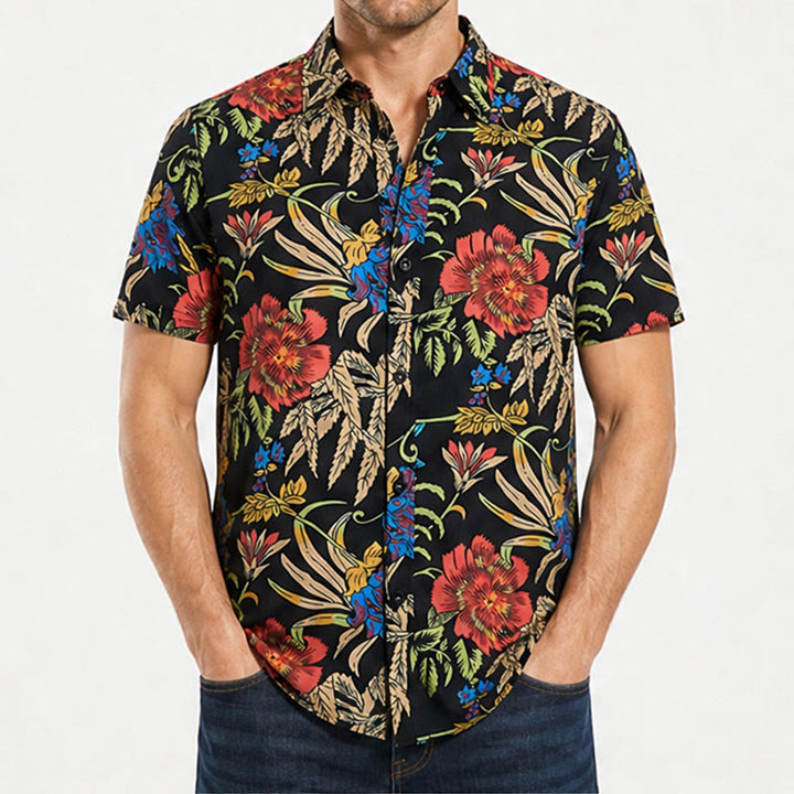 Tropical Retro Exotic Botanical Print Black Base Shirt - image 1