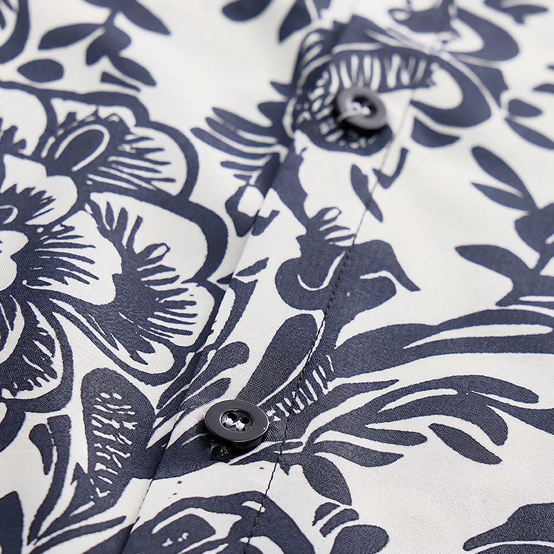 Minimalist Navy Blue Floral Button-Down Summer Shirt - image 5