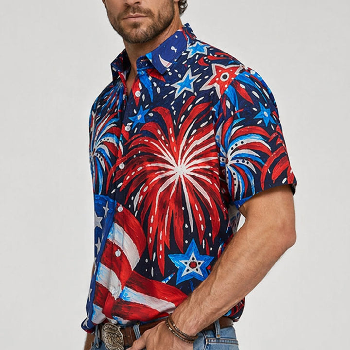 American Flag & Firework Print Patriotic Summer Shirt - image 3