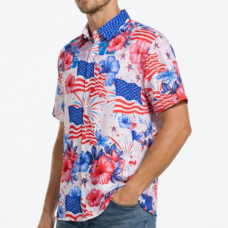 Patriotic Hibiscus & American Flag Firework All-Over Print Shirt - image 3