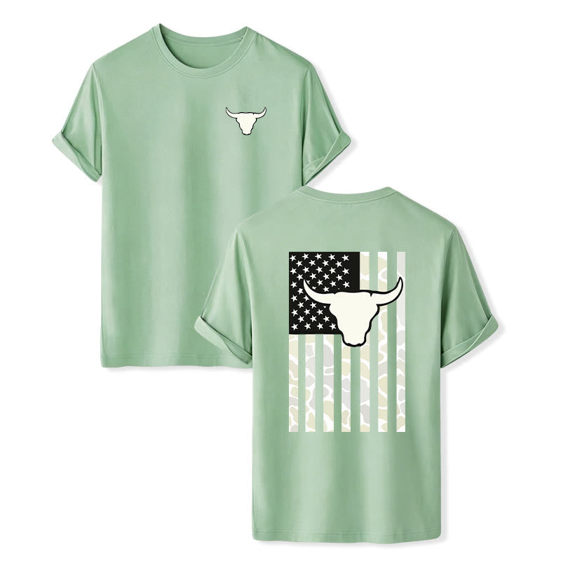 Patriotic Western American Flag Bull Skull T-shirt - Green - 2XL - image 11