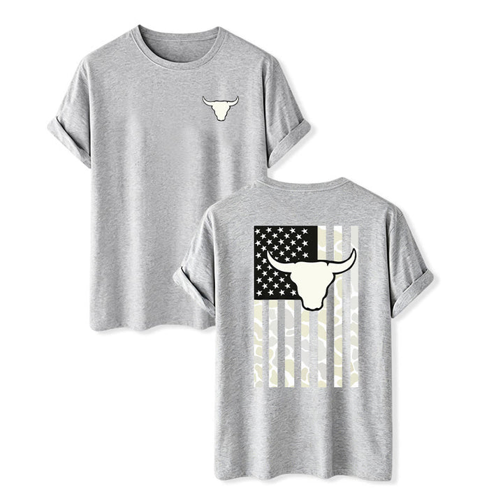 Patriotic Western American Flag Bull Skull T-shirt - Gray - 2XL - image 9