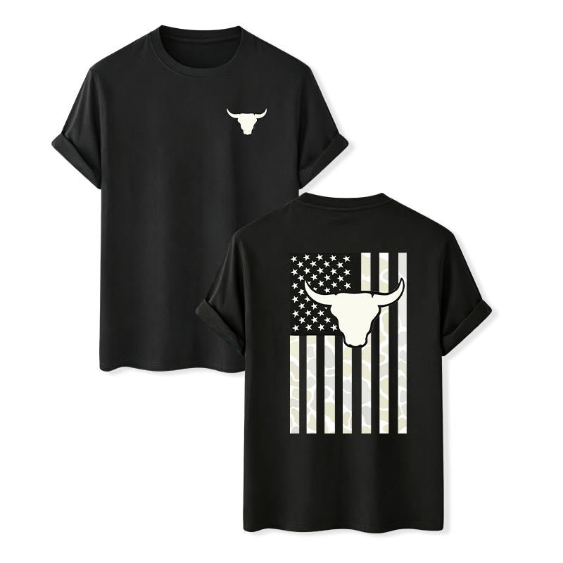 Patriotic Western American Flag Bull Skull T-shirt - Black - 2XL - image 1