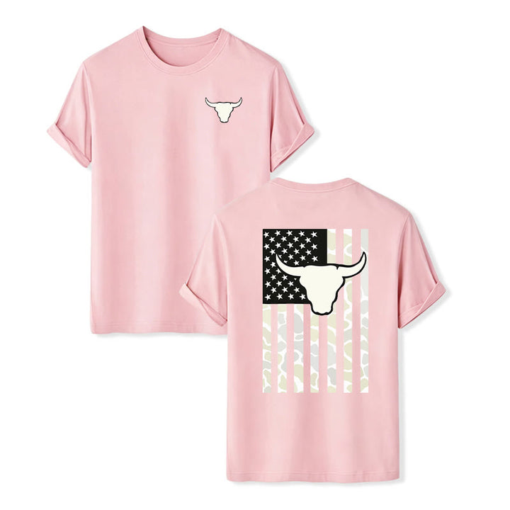 Patriotic Western American Flag Bull Skull T-shirt - Pink - 2XL - image 8