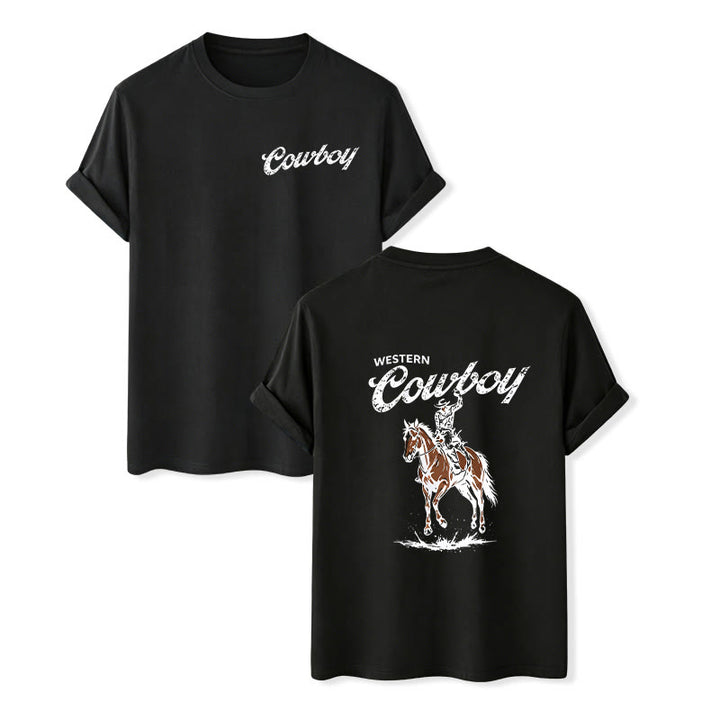 Retro Horseback Rider Print Casual Summer T-shirt - Black - 2XL - image 13