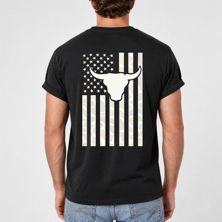 Patriotic Western American Flag Bull Skull T-shirt - image 3