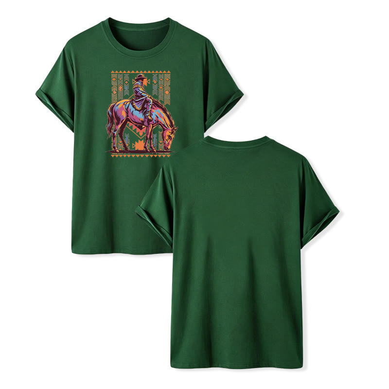 Colorful Aztec Horse Rider Art Print Western T-shirt - Dark Green - 2XL - image 14