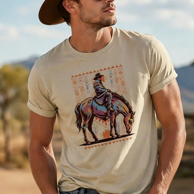 Colorful Aztec Horse Rider Art Print Western T-shirt - image 0