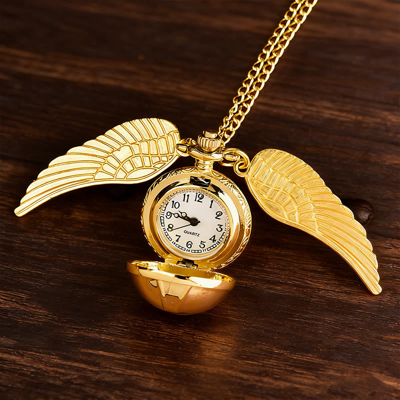 Golden Winged Round Ball Pocket Watch Necklace - Gold - image 0