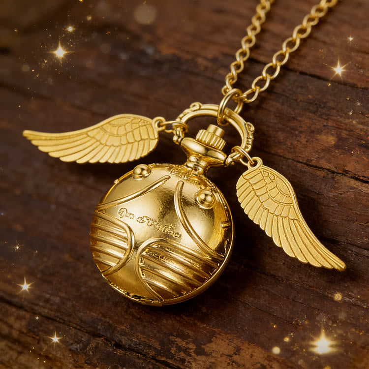 Golden Winged Round Ball Pocket Watch Necklace - image 4