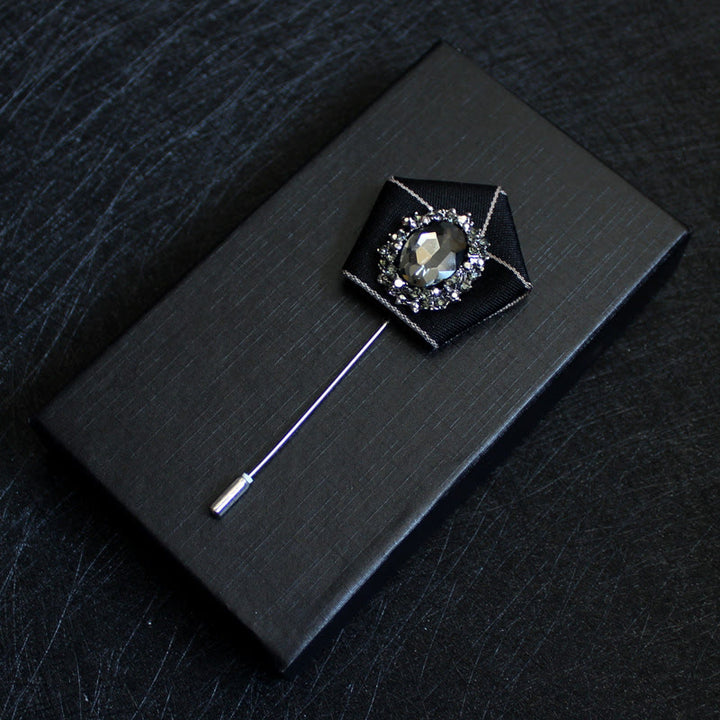 Men's Smoky Crystal Geometric Fabric Lapel Pin Brooch - Black - image 12