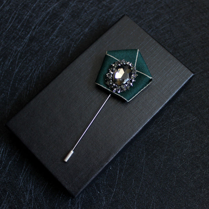 Men's Smoky Crystal Geometric Fabric Lapel Pin Brooch - Peacock Green - image 10
