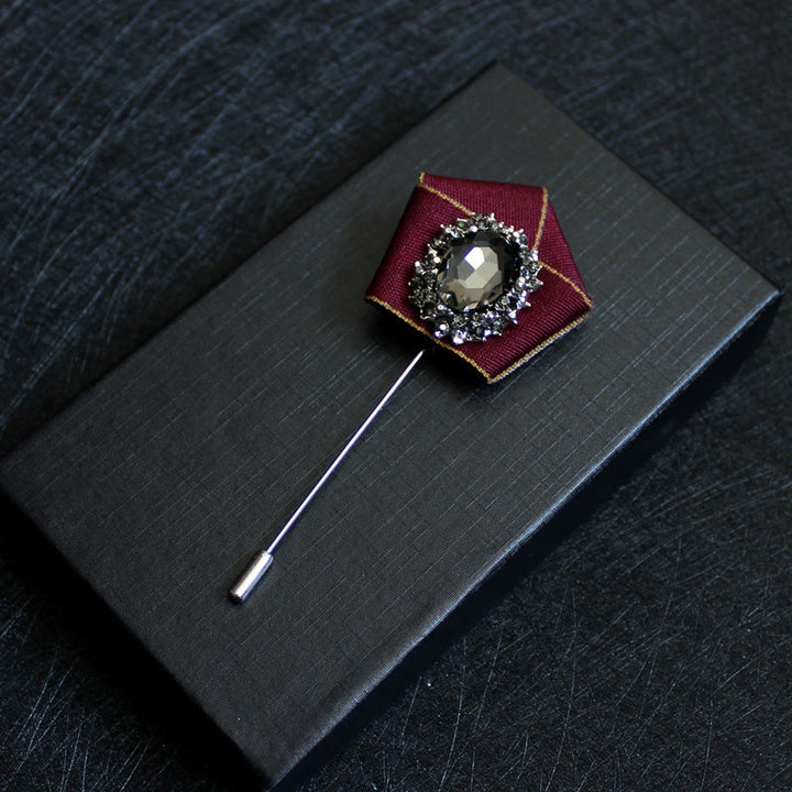Men's Smoky Crystal Geometric Fabric Lapel Pin Brooch - Dark Red - image 9