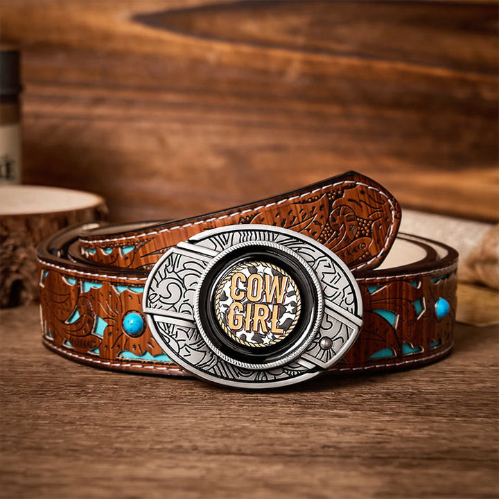 Cowgirl Attitude DIY Hidden Folding Knife Buckle Leather Belt - Cowgirl - Turquoise Carved Belt - 42 - image 3