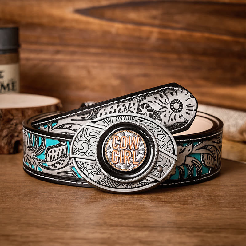 Cowgirl Attitude DIY Hidden Folding Knife Buckle Leather Belt - Cowgirl - Gray Floral Belt - 42 - image 8