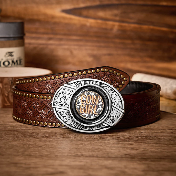 Cowgirl Attitude DIY Hidden Folding Knife Buckle Leather Belt - Cowgirl - Brown Rivet Belt - 42 - image 4