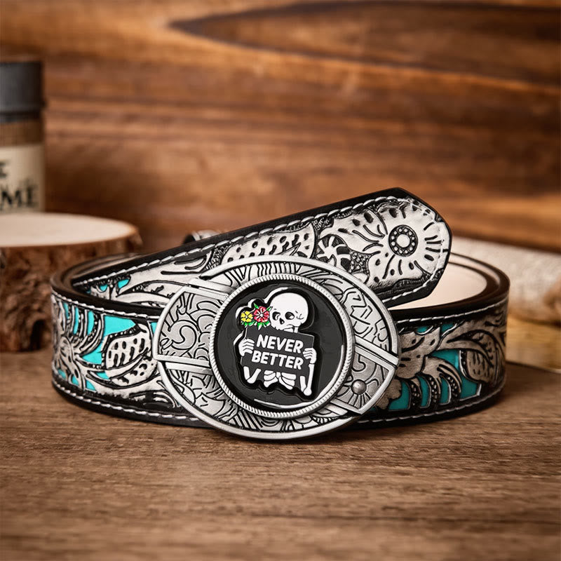 NEVER BETTER Skeleton DIY Hidden Folding Knife Buckle Leather Belt - Skeleton - Gray Floral Belt - 42 - image 8